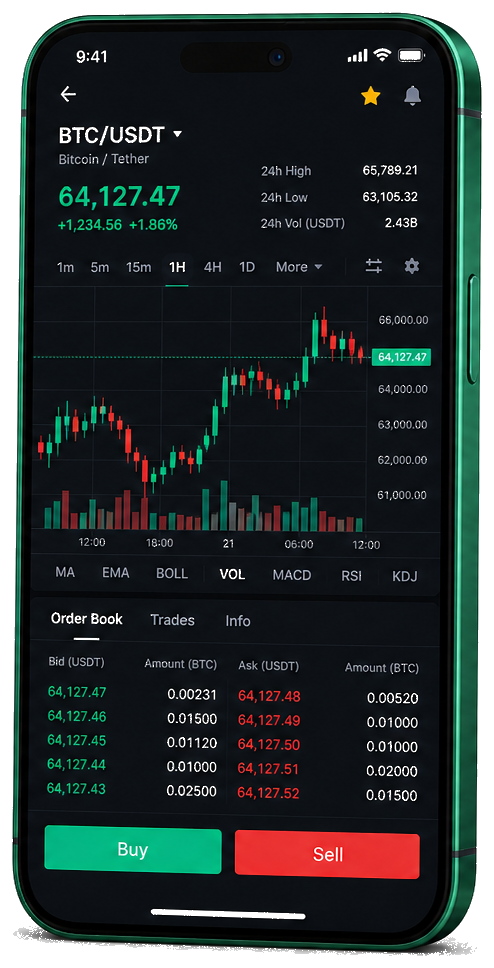 Mobiele handelsinterface van Épargniture — live BTC/USDT-grafiek met orderboek en functies voor kopen en verkopen